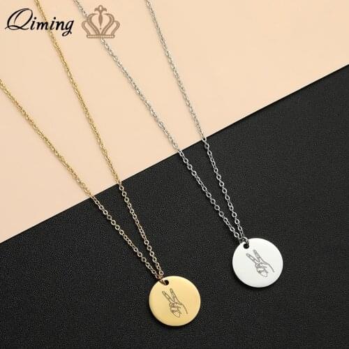 Engraved Gesture Scissorhands Victory Stainless Steel Necklace Hand Gestures Charm Women Men Vintage Necklace Gift