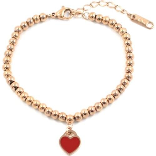 Luxury Brand Red Enamel Heart Bracelets & Bangles For Women Charm Beaded Stainless Steel Bracelets Couple Bracelet Jewelry