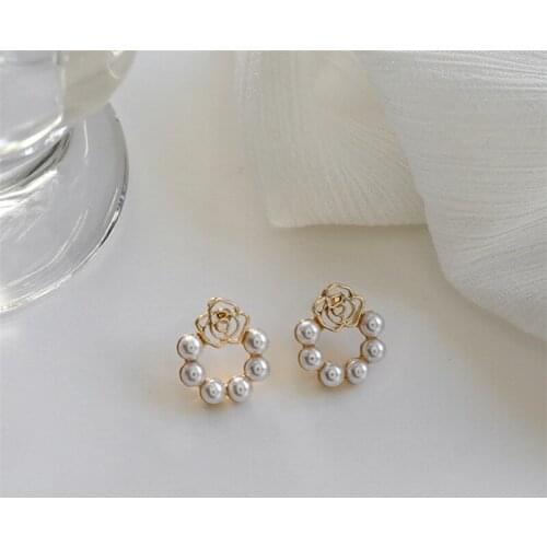 S925 needle hollow flower earring studs pearl earrings high grade pendant round earclip without earhole ladies