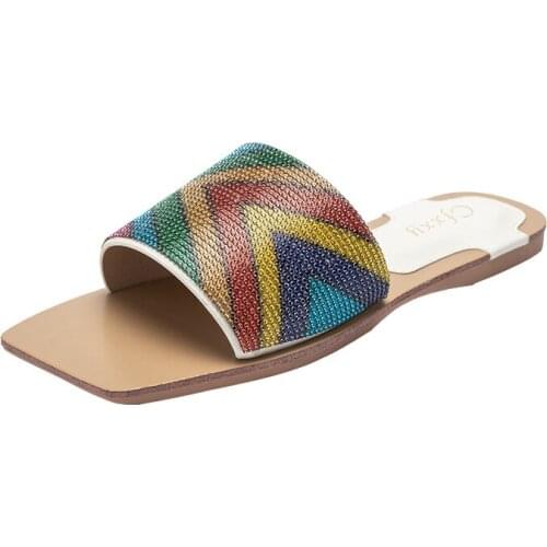 New Women Slippers Summer Square Toe Female Color Matching Bling Flat Slides Causal Lady Flat Heel Flip Flops Shoes