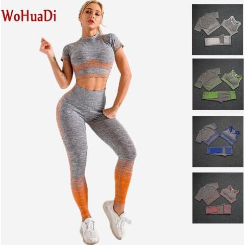 WOHUADI Yoga Sets Tracksuit Women Seamless Gym Fitness Sports Bra Shirt High Waist Leggings Stripe Sportswear Female