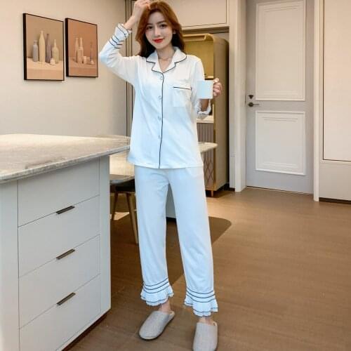 Spring Autumn Women Pajama Sets Nightwear Long-sleeved Sleepwear Pijama Pajamas Suit Solid Color Two-piece Female Loungewear