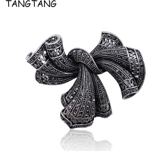 TANGTANG Antique Brooch Vintage Knot Black Rhinestone Brooch For Men Women Elegant Retro Jewelry Pin Bow Classic New Brooches