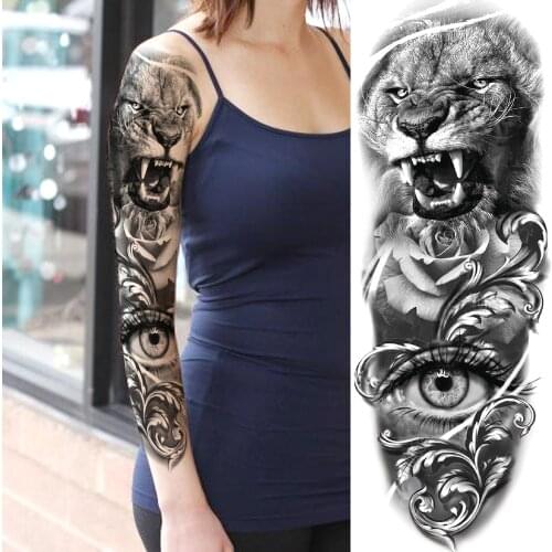 Black Tiger Flower Temporary Eye Tattoos For Men Women Realistic Body Art Full Arm Sleeve Tatoo Waterproof Fake Tattoo Stickers