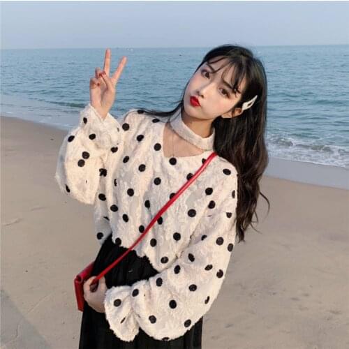 Womens Blouses Lady Kawaii Vintage Polka Dot Lace Casual Blouse Female Punk Harajuku Tunic For Women Tins Chic Top Summer Japan