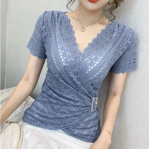 2020 New Summer tshirt Short Sleeve V-neck Lace Tops Fashion Casual Hollow Out Lace T-shirts Women Elegant Slim Blusas Clothes