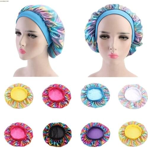 Women Hats Laser Satin Bonnet Wide Band Cap Night Sleep Hair Loss Chemo Turban Hat Shiny Yellow Black Purple Bandanas Colorful
