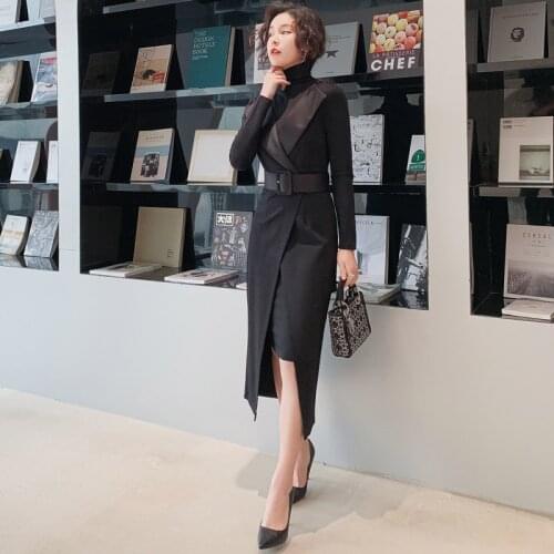 Womens 2 Piece Dress Office Lady Long Sleeve Notched Collar Suit Dress Spring Vintage Bodycon Sexy Party Bandage Dress Vestidos