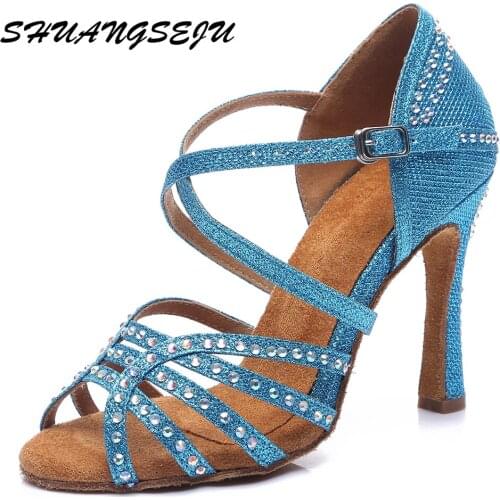 Ladies salsa shoes Latin shoes Latin shoes red black all-drill tango party shoes 9cm can order heel height or color 6cm