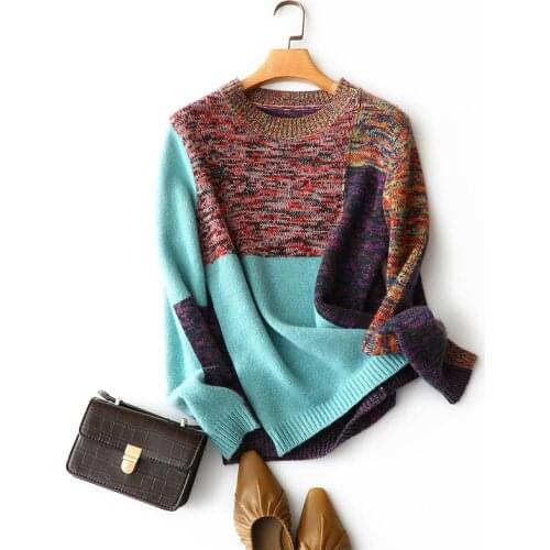 Autumn winter high quality 100% cashmere patchwork sweater women knitted thick pullovers european fashion contrast chic jumper