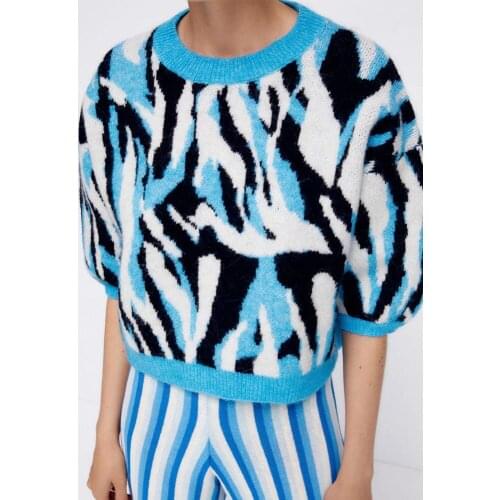 ZA pullover 2021 early autumn new womens wild round neck short zebra pattern contrast color personality jacquard sweater women