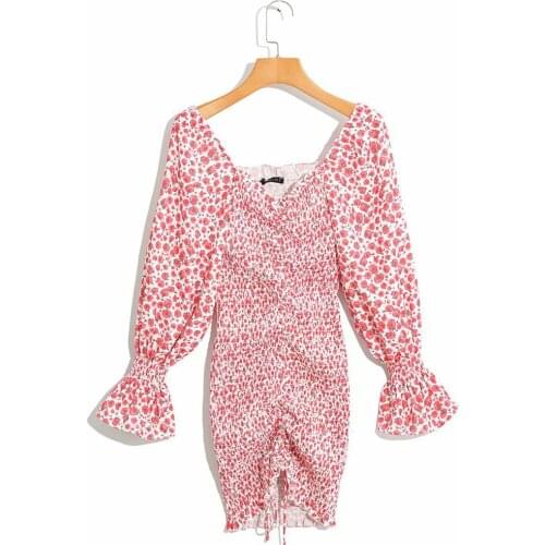 2021 Sexy Womens Spring Long Sleeve Floral Print Midi Dress Elegant Women Elastic Dress One Shoulder Sexy Sweet Sheath Dress