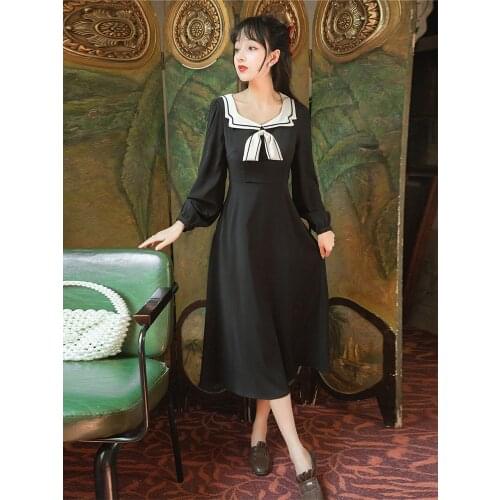 Navy Collar College Style Black Spring/Autumn New Ladies Sweet Lovely Dress Black Stitching Bow Cute Long Sleeve Kawaii Dress