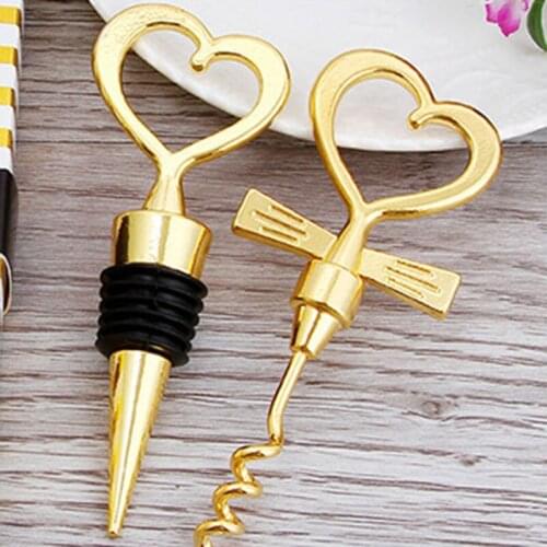 Gold Love Heart Wine Beverage Bottle Stopper Corkscrew Opener Set Souvenir HFing