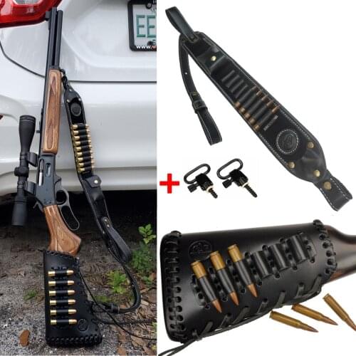 1 Sets Leather Rifle Buttstock Shell Holder with Gun Ammo Sling .45-70 308 30-06 Black