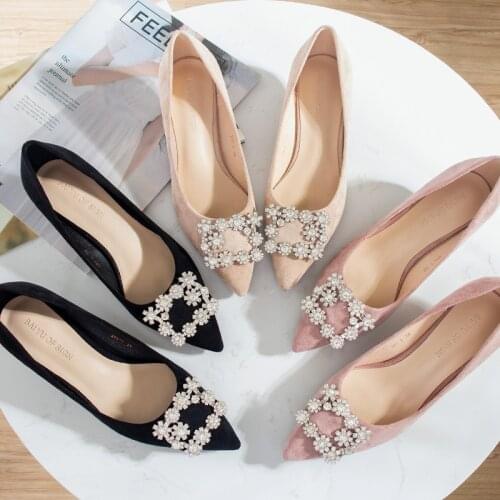 2020 Autumn New Korean-Style Fine with Pointed Shoes Rhinestone Square Buckle with Shallow Mouth Shoes