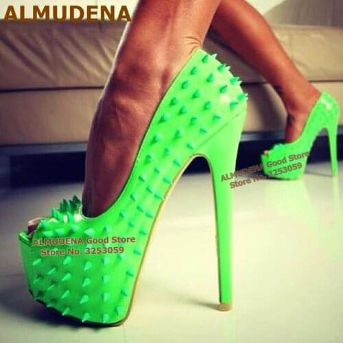 ALMUDENA Green Rivets 16cm High Heel Shoes Open Toe Platform Spikes Embesllished Dress Pumps Patent Leather Gladiator Pumps