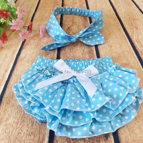 Girls Polka Dot Cotton Ruffle Bloomer with Top Knot Headband 10colors