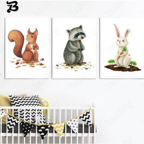 Canvas Painting for Living Room Cartoon Animals Squirrel Raccoon Rabbit Wall Art Posters and Prints Baby Room Wall De Coration