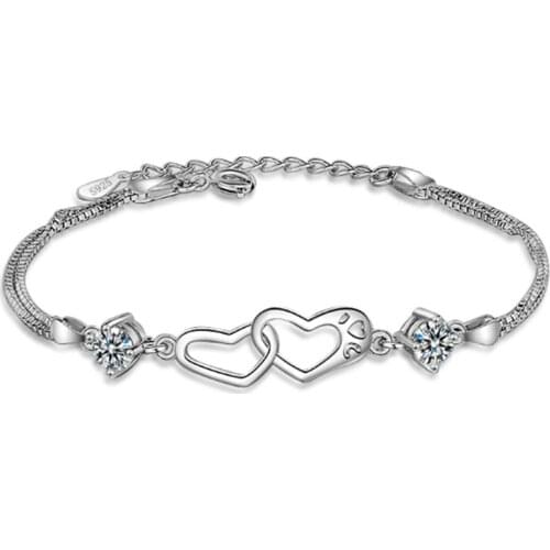 Korean version of the high-grade fresh double heart-shaped two-color zircon female models silver plated bracelets JO056