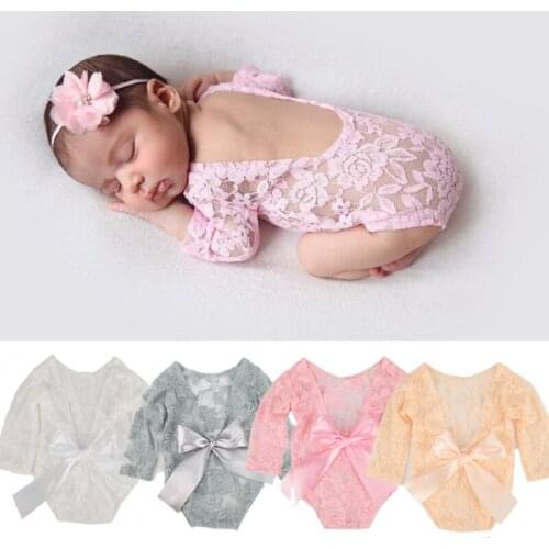 Ins Newborn Photography Lace Photographic Dress Bowknot Lace Dress Hair Tie Set Two-piece Photography Props