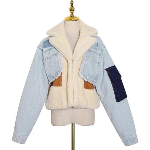 NEWDISCVRY 2020 Lambswool Denim Jacket For Women Lapel Long Sleeve Tassel Casual Coat Female 2020 Winter Fashion New Tide