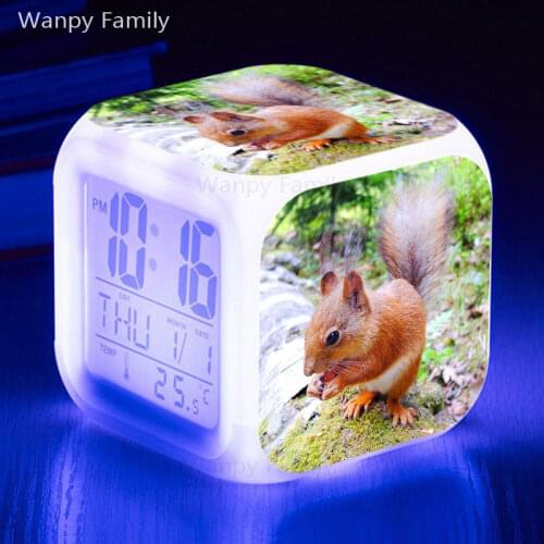 Cute squirrel alarm clock 7 color luminous LED digital clock kids room multifunctional electronic watch for kids birthday gifts