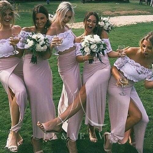 Fashion White Lace 2 Pieces Bridesmaid Dresses Pink Satin Mermaid Wedding Party Gowns Side Split Women Occasion Dresses