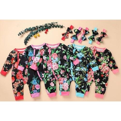 Fashion Pink Flower Print Baby Girl Romper Toddler Long Sleeve Newborn Jumpsuit Playsuit and Headband Outfits Clothes Set