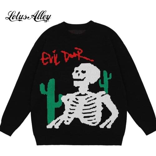 Mens Retro Knit Sweater Harajuku Cactus Skeleton Bone Printed Black Pullovers High Street Vintage Knitted Sweater Winter Clothes