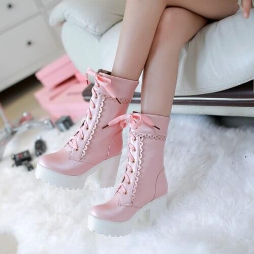 Lolita Shoes Winter Martin Boots Girls Cosplay JK Student Platform Shoes Japanese Style Cute Princess Lace Up Bow Tie Thick Heel