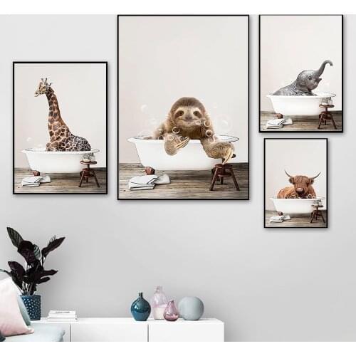 Canvas Print Home Decor Wood Color Wall Art Painting Elephant Cow Giraffe Baby Animal In Bathtub Modular Picture Poster For Kid