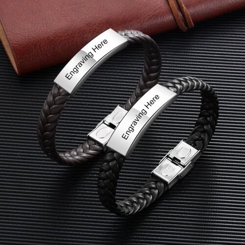 Personalized Engraved Name Black Brown Braid Woven Leather Bracelet for Men Stainless Steel Tag ID Bracelets & Bangles Jewelry