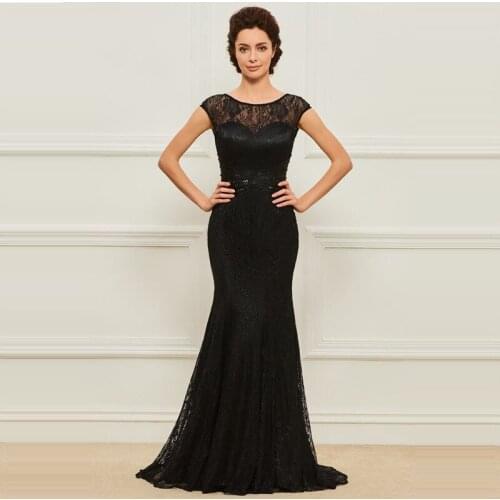 Mermaid Black Mother of The Bride Dress O-neck Cap Sleeve Wedding Party Gowns Lace Beading Backless Mother Dresses for Wedding