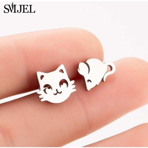 SMJEL Design Animal Earrings for Girls Kids Tiny Cat Mouse Earring Asymmetric Fashion Ear Stainless Steel Jewelry brincos