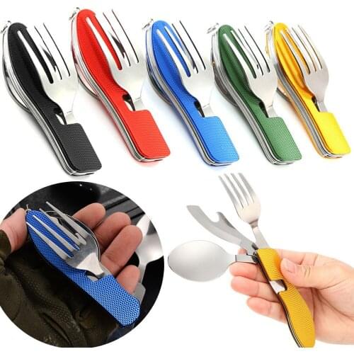 Outdoors Portable Multi Tool Cutlery Flatware Utensil Bottle Can Opener Fold Spork Fork Tableware Picnic Camp Spoon Knife 4in1