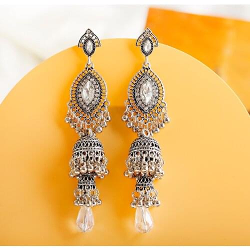 TopHanqi Antique Sliver Color Birdcage Bell Tassel Long Dangle Earrings For Women Boho Ethnic Round Rhinestone Indian Jewelry