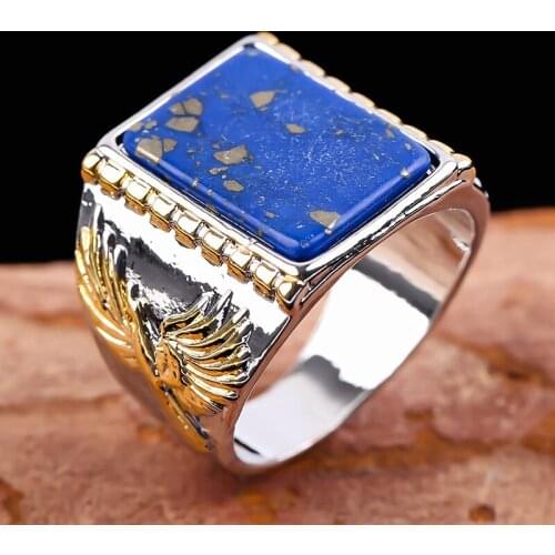 Vintage Geometric Square Blue Stone Rings for Men Carved Eagle Chunky Finger Ring Punk Silver Color Party Accessories Jewelry