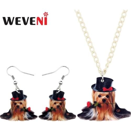 WEVENI Acrylic Hat Yorkshire puppy Dog Necklace Earrings Jewelry Sets Sweet Cartoon Pets Girls Teens Charms Party Gift Accessory