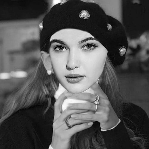 Women Pearls Black Beret Caps Autumn Winter Wool Knitted Beanie Bonnets For Ladies Girls Soft Oversize Slouch Hats Dropshipping