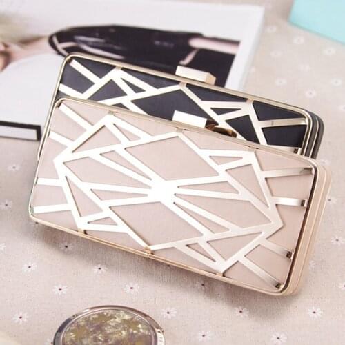 PU Fashion Lady Handbags With Chain Shoulder Hollow Out Style Metal Black Gold Party Wedding Day Clutch Bags