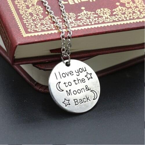 "I love you to the moon & back" Simple Metallic Round Medal Silver Plated Necklace for Women