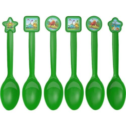 6pcs/set New Cartoon Dinosaur Theme Disposable Spoons For Kids Happy Birthday Party Tableware Green Plastic Spoon Party Supplies