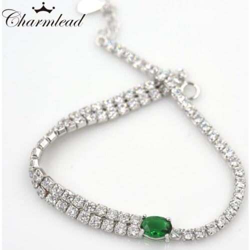 Charmlead 925 Sterling silver Link Chain CZ Bracelet Oval Green Cubic Zirconia Crystal Charm Bracelets Fashion Jewelry For Women
