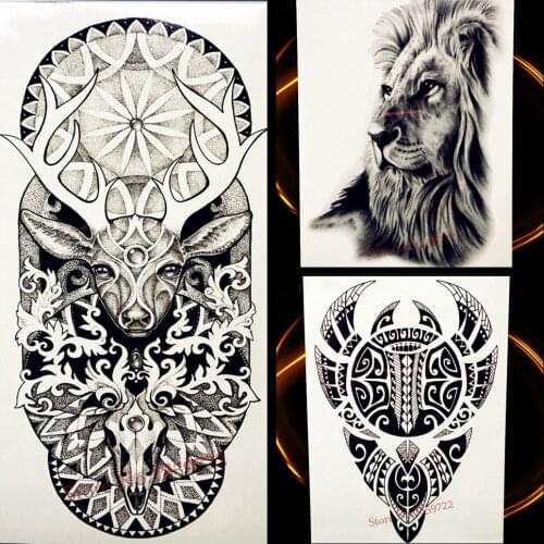 Black Henna Waterproof Temporary Tattoo Deer Moose Bucks Tattoo Elk Water Transfer Fake Flash Tattoo Men Women Body Art Totem