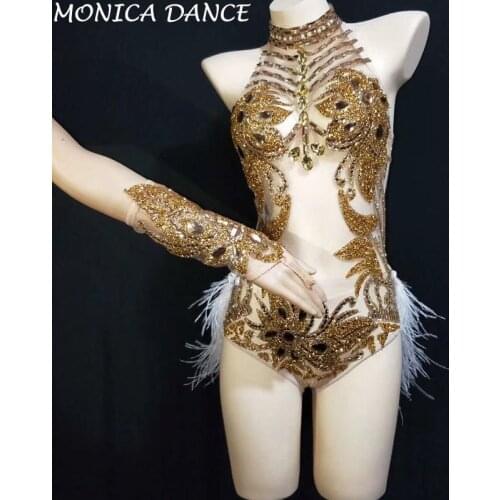 Women Sexy Gold Stones See Through Halter Feather Tail Bodysuit Nightclub Dance Show Mesh Outfit Birthday Celebrate Bodysuit