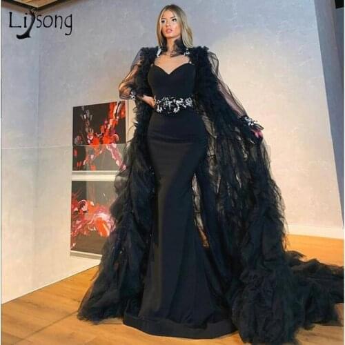 Elegant Black Mermaid Evening Dresses With Tulle Long Jacket Sexy Backless Beaded Long Prom Gowns Vestidos Formales