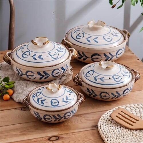 Ceramic Casserole Japanese Clay Soup Pot Hand Painted Arabesque Cookware Stew Pot Kitchen Home Small Saucepan Cooking Supplies