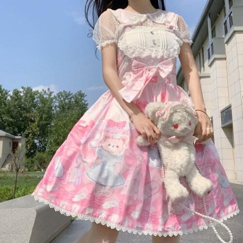 Japanese Summer Lolita Dress Sweet Girls Cute Pink Purple Nurse Bear Jsk Straps Dress Vintage Sleeveless Kawaii Tea Party Dress