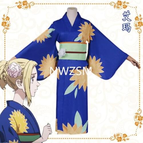 Tokio Anime Cosplay Customes Tokyo Revengers Emma Sano Cos Blue Kimono Fancy Dress Halloween Costume for Women New Arrival